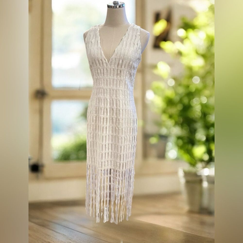 NWT Monique Lhuillier Embroidered Fringe Midi Cocktail Dress - Picture 1 of 16